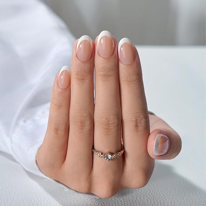 BTArtbox Press On Nails Short - Extra Short Almond French Tip Press On Nails Nude, Fake Nail with Nail Glue, Natural Reusable 32pcs Fake Nails Kit