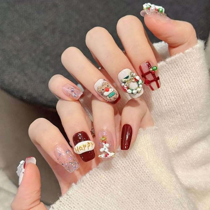 Handmade Press on Nails Long Stiletto Fake Nails Christmas with 3D Elk and Christmas tree Designs Red Glitter Cute Acrylic Nails for Women 10pcs (Size M）