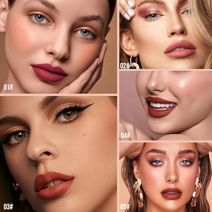 Matte Lip Stain – High Pigment Non-Transfer Matte Liquid Lipstick, Long-Lasting Waterproof Smudge-Proof Lip Color, Lightweight Comfortable Velvet Finish Lip Tint 03#（5PCS）