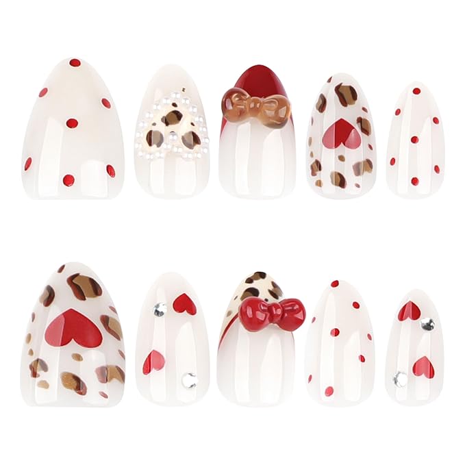 Nude Almond Press On Nails Short, Cute Fake Nails with Red 3D Bow Heart Leopard Pearl & Rhinestone Detail, Glossy Gel Finish Acrylic Nails, Party Reusable Glue On Nails Kit for Women, 24Pcs