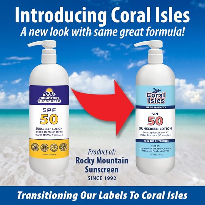 Coral Isles by Rocky Mountain Sunscreen | SPF 50 Lotion | Broad Spectrum UVA/UVB Protection | Hawaii Reef-Safe Act Compliant | Oxybenzone & Octinoxate Free | Water Resistant 80 Min. | 32 Fl Oz