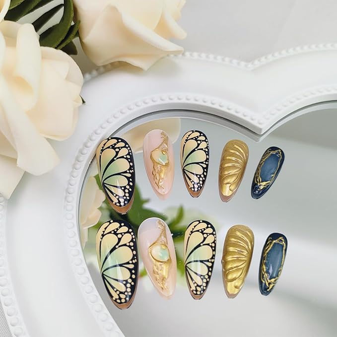 Green Gradient Butterfly Press on Nails Medium Almond Fake Nail Dark False Nail 3D Ripple Glue on Nails Gold Irregular Lines Acrylic Nail Summer Stick on Nails for Women Manicure 24Pcs