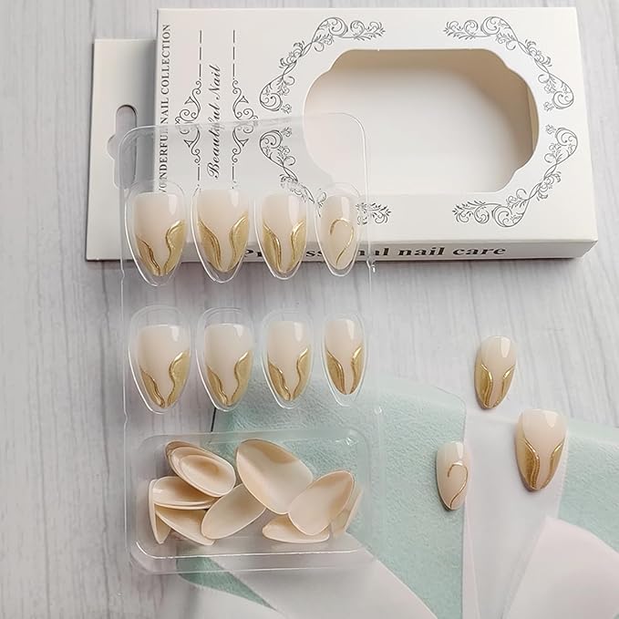 24Pcs 3D Gold Press on Nails Short Almond Fake Nails Irregular Line Design French Tip Acrylic False Nails Glossy Full Cover Chrome Glue on Nails Nude Stick on Nails Stiletto Artificial Nails for Women