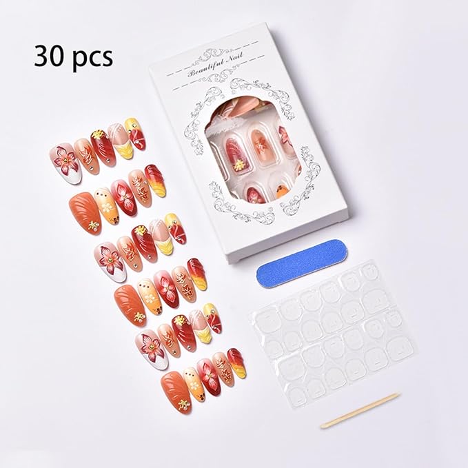 30Pcs Fall Press on Nails Almond Medium Fake Nails with Pearl Design Autumn Winter False Nail 3D Flower Red Maple Leaf Acrylic Glue on Nails Star Charms Full Cover Thanksgiving Nail Art Decorations