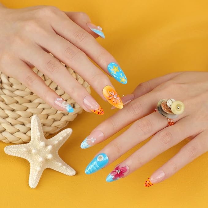 24 Summer Starfish Press on Nails Medium Almond French Tip Fake Nails 3d Flower Sea Shell Design with Rhinestones Pearl Full Cover Acrylic Colorful Flower False Stick on Nail for Women Manicure Salon