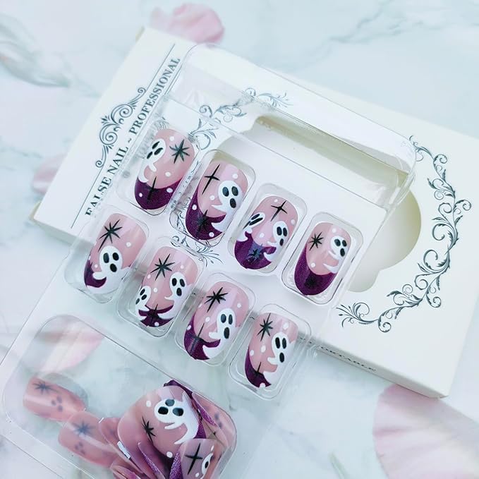 24Pcs Halloween Ghost Press on Nails Short Oval False Nail Red French Tip Fake Nails Cute Ghost Stick on Nail Star Acrylic Nail Full Cover Glossy Glue on Nails for Women Halloween Manicure Art