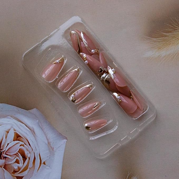 Press on Nails Almond Fake Nails French Tip False Nails Press ons Medium Gold Line Glue on Acrylic Nails Glossy Full Cover for Women Manicure Decoration 24Pcs