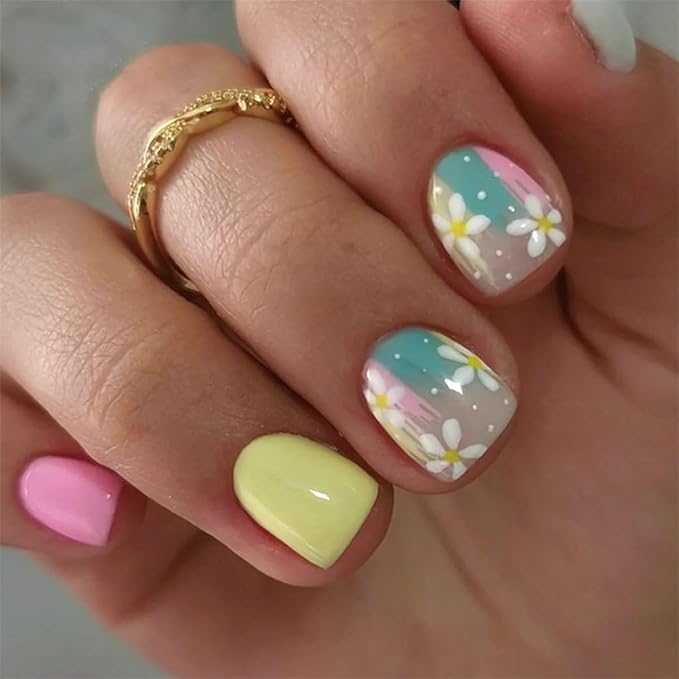 Flower Press on Nails Short Square Fake Nails Pink False Nails Floral Glossy Full Cover Acrylic Nails Spring Glue on Nail Artificial Cute Stick on Nail for Women Manicure 24Pcs