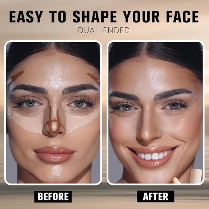 2in1 Cream Contour Highlighter Stick, Neutral Bronzer Makeup Stick, Applies Dual-Ended Sculpting Stick for Face Body, Long Lasting Waterproof No Smudging, Suitable for Makeup Beginners-Medium