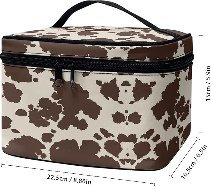 Cute Brown Cow Cowhide Design Travel Makeup Bags for Women and Portable Tote Cosmetic Case with Carry Handle Toiletry Accessories Storage Organizer Bags