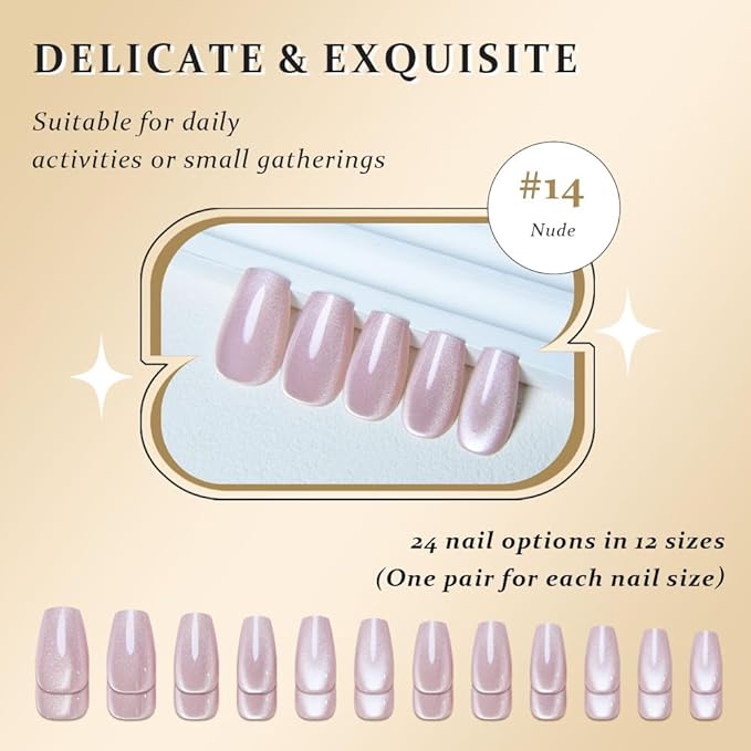 evpct Nude Cat Eye Coffin Press on Nails Square Medium, Medium Square Glue on Nail for Women Gift, Nude Metallic Glitter Glossy Reusable Summer Soft Gel Press on Acrylic Fake Nail with Designs
