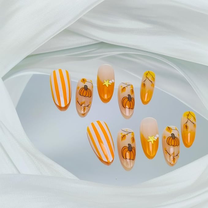 30 Pcs Fall Press on Nails Almond French Tip Fake Nails with Orange Glossy Design Maple Leaves Pumpkin False Nails Autumn Thanksgiving Day Stick on Nail Reusable Holiday Nail for Women DIY Manicure