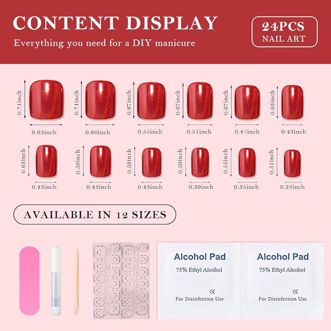 evpct Press on Nails Short Square for Women, Aurora Glazed Red Press on Fake Nails Reusable Glossy Stick on Nail for Women Girls Gift Glue on Nails Kit False Nail Polish Short with Accessories