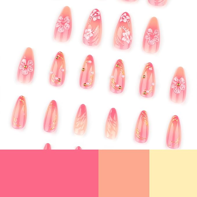 24Pcs Cute Flower Press on Nails Almond Medium Fake Nails with 3D Floral Gold Beads Design Pink False Nail Tips Glossy Glue on Nail Summer Full Cover Acrylic Stick on Nail for Women