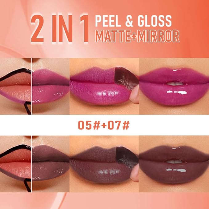 2Pcs Peel Off Lip Gloss Tattoo and Lip Oil 2-in-1, Lip Stain Peel Off Masque - Peel Off Lip Tint ,Long Lasting Waterproof Transfer-proof Lip Mask Lip Gloss Peel Off Lip Liner,Stay Lip Makeup #05+#07