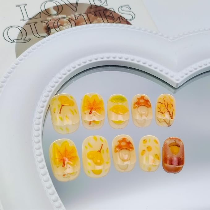 30Pcs Fall Press on Nails Short Square NEWSPIED Fake Nails with 3D Maple Leaf Mushroom Pine Cones Design Autumn Thanksgiving Nails Reusable Artificial Nails Glossy Full Cover Glue on Nails for Women