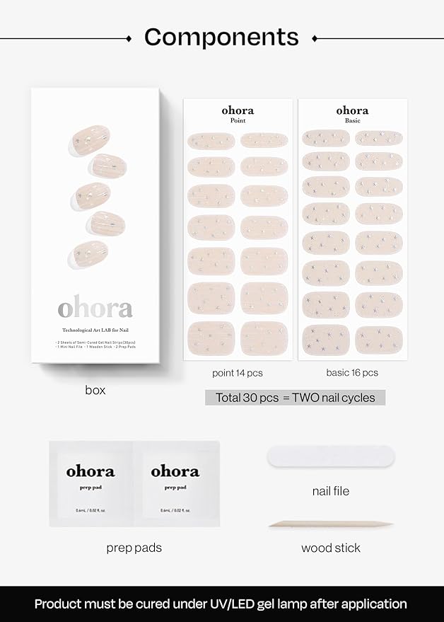 ohora Semi Cured Gel Nail Strips (N Milky Star) - Works with Any Nail Lamps, Salon-Quality, Long Lasting, Easy to Apply & Remove - Includes 2 Prep Pads, Nail File & Wooden Stick