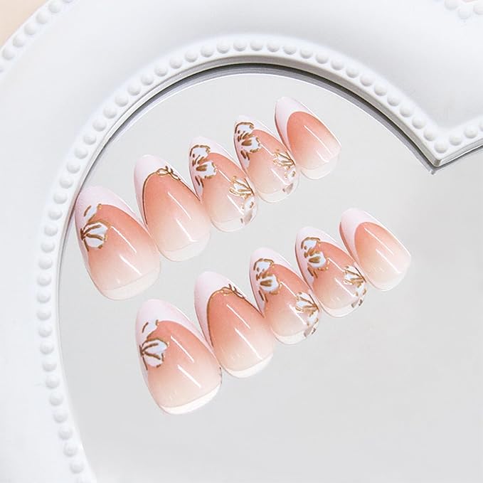 24pcs White French Tip Press on Nails Short Almond Fake Nails with Designs Flower False Nails Bow Acrylic Nails Glue on Nails Summer Floral Full Cover Stick on Nails for Women Nail Decoration