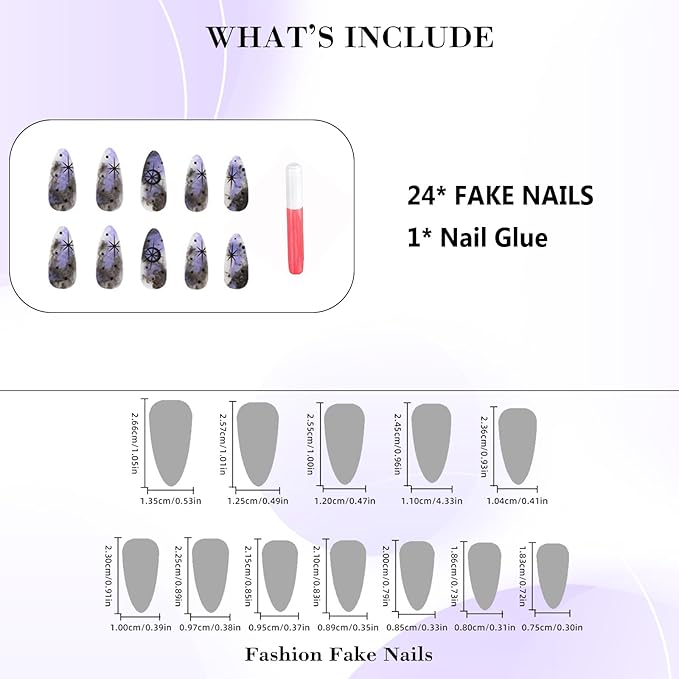 IMRAIN Purple Black Ombre Press on Nails Medium Almond Fake Nails Matte Glue on Nails Full Cover Acrylic False Nails with Black Moon & Star Designs Y2K Stick on Nails for Women 24Pcs