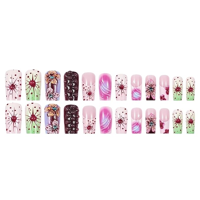 French Tip Press on Nails Long Square Fake Nails Pink False Nails with Flowers Designs Artificial Nails Charm Stick on Nails for Women 24pcs