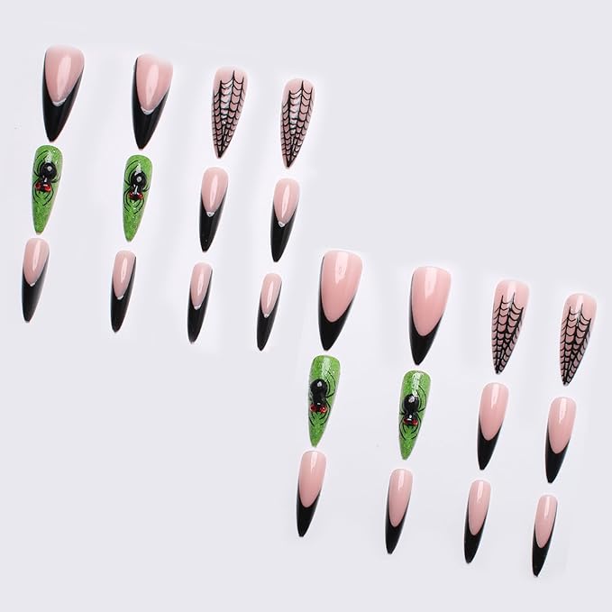 IMRAIN Handmade 3D Spider Press on Nails Long Stiletto Acrylic Fake Nails Halloween Black Green Glitter False Nails Goth Glossy Artificial Glue on Nails