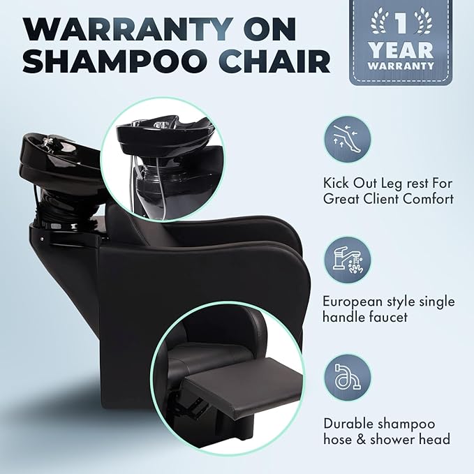 Buy-Rite Lexus Backwash Unit – Salon Shampoo Chair with Tilting Black Porcelain Bowl, Extra Wide Seat, Kick-Out Leg Rest, Neck Rest & Single Handle Faucet – Professional Backwash Station – TS-8018B