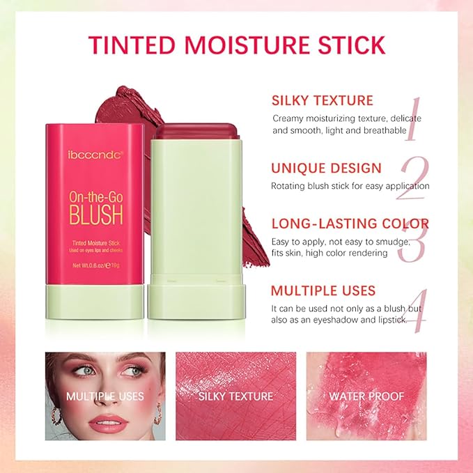 Multi-Use Makeup Blush Stick, 3-in-1 Cream Blush Stick Beauty Tinted Solid Blush Stick for Cheek/Eyes/Lips, Waterproof Moisturizer Stick, Suitable for All Skin (02# Hot Red)