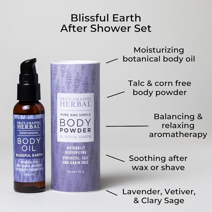 Ora's Amazing Herbal Talc Free Powder and Body Oil, Lavender Bath Set, After Shower Set, Blissful Earth Scent With Lavender Vetiver and Clary Sage, Intertrigo, Natural Skin Care