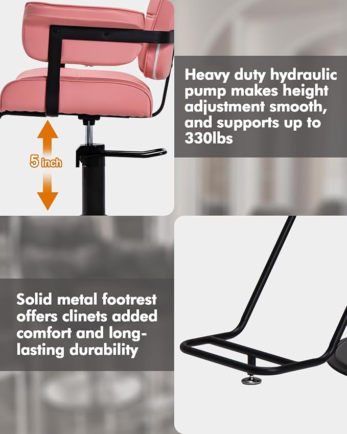 Barber Salon Chair, Extra Wide Hair Styling Chair with Heavy Duty Hydraulic Pump, 360° Swivel Height Adjustable Braiding Design, Luxury Beauty Salon and Barbershop Equipment, Pink