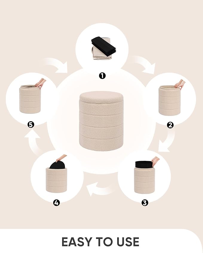 B FSOBEIIALEO Ottoman with Stroage, Round Sherpa Storage Ottoman Stool, Boucle Foot Rest 14.6"x14.6"x17.7"（Beige