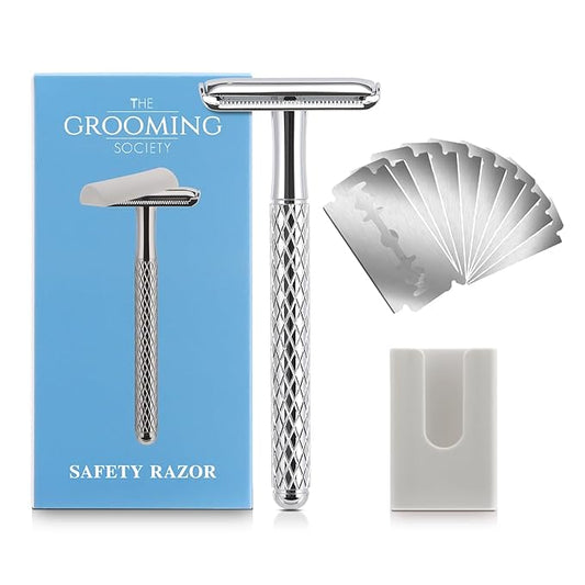 Double Edge Safety Razor with Chrome Plated Handle & Silicone Cover & 10 Blades Single Blade Safety Razor for Travel Metal Eco-Friendly Reusable Razor for Shaving