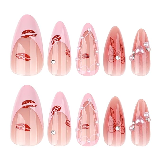 24Pcs Pink French Tip Press on Nails Almond Medium Fake Nails Pearl Rhinestone Design Nude Pink False Nails Red Lips Acrylic Nails Cute Bow Stick on Nails Full Cover Glossy Glue on Nail for Women Gift