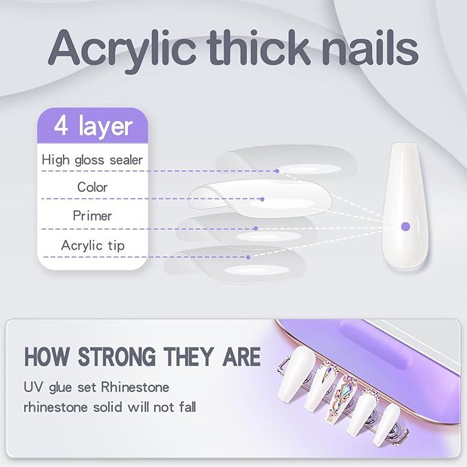 Yivaiks 24 PCS White Coffin Press on Nails Long Nails,Rhinestone Crystal Fake Nails with Nail Glue on Nails for Women,Ballerina Acrylic Nails Glossy False Nails