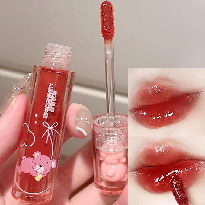 3 Colors Bear Lip Gloss,Jelly Lip Glaze,Cute Liquid Lipstick Bear Lip Stain Watery Lipgloss Plumping Lip Tint Moisturizing Waterproof Long Lasting for Lip and Cheek