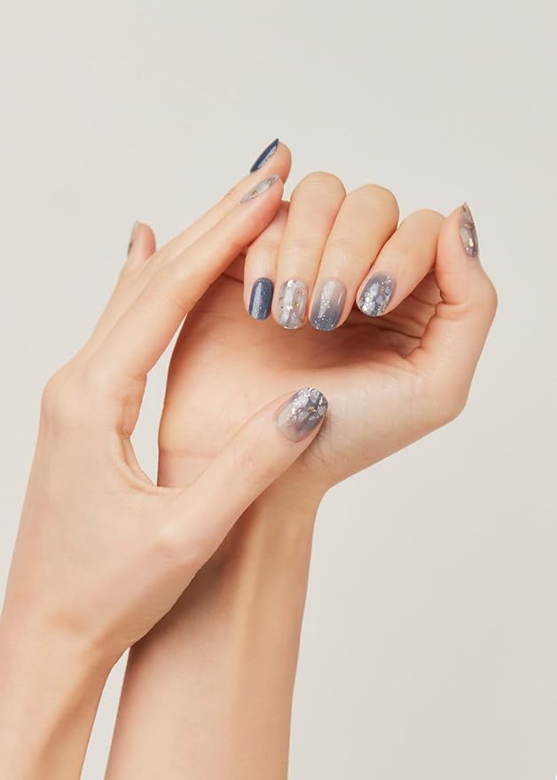 ohora Semi Cured Gel Nail Strips (N Gleam Blue) - Blue, Glitter, Works with Any UV/LED Lamps, Salon-Quality, Long Lasting, Easy to Apply & Remove - Includes 2 Prep Pads, Nail File & Wooden Stick