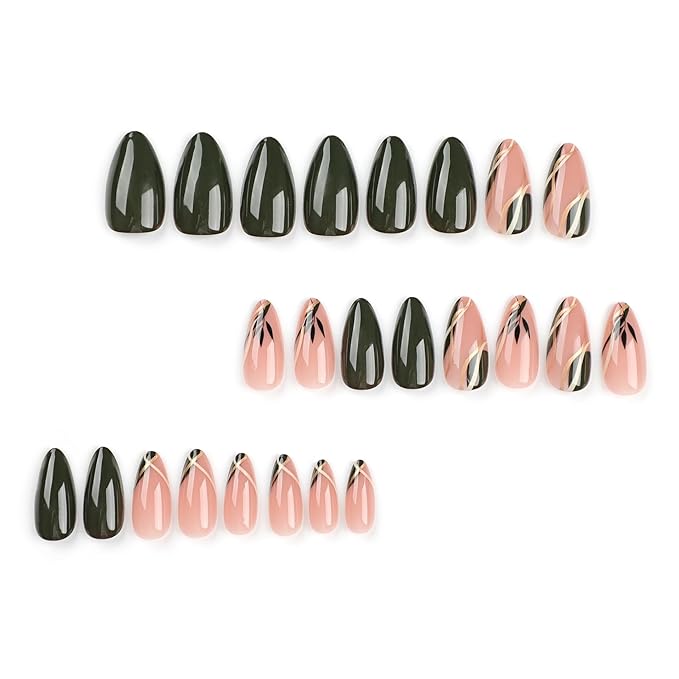 Almond Press On Nails - Green Leaf Designs, Medium False Nails, Reusable Glue On, Glossy Acrylic Finish, DIY Manicure Set