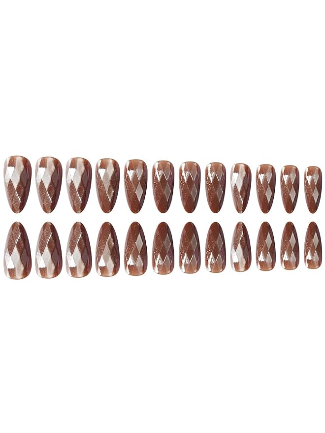 Medium Press on Nails Almond Diamond Fake Nails Elegant False Nail Brown Stick on Nails for Women 24pcs