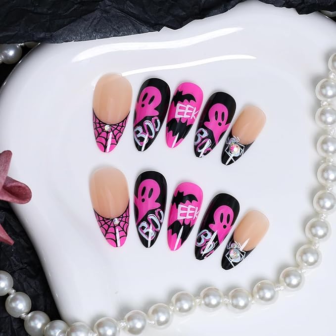 Medium Almond Press on Nails Gothic Halloween Fake Nails with 3D Spider Design Cute Ghost False Nails Spider Web French Tip Acrylic Nail Evil Pumpkin Bat Glue on Nail for Women DIY Manicure 30Pcs