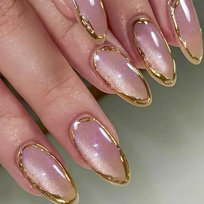 Press on Nails Almond Cat Eye Fake Nails 3D Gold Acrylic False Nails Press ons with Stripes Bubble Designs Pink Glossy Cute Glue on Artificial Nails for Women Girls Manicure 24Pcs