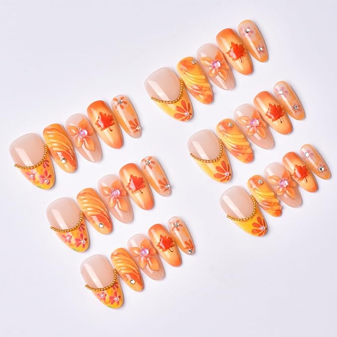 30Pcs Autumn Press on Nails Medium Almond French Tip Fake Nails with 3D Gold Rhinestones Design Fall Flower Acrylic Nails Full Cover Artificial Glue on Nails for Women Thanksgiving Stick on Nail DIY