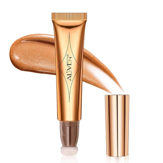 Liquid Highlighter Beauty Wand, Highlight Bronzer Stick with Cushion Applicator, Smooth Shimmer Finish, Lightweight Silky Cream Face Makeup Stick,Cruelty-free (Gold)