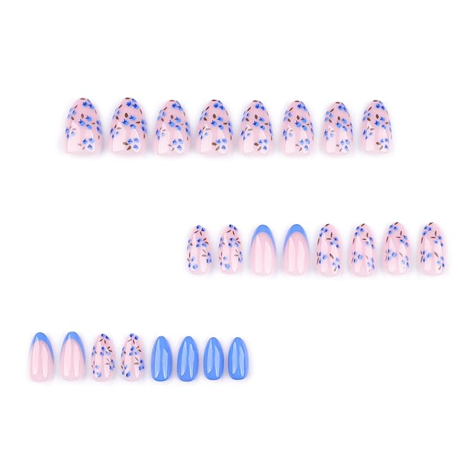 Press On Nails Spring Summer Acrylic Nails for Women - Blue Flower Designer Fake Nails Short Almond 24PCS, Blueberry Gel with Glue, Outdoor Picnic/Wedding/Party Reusable Stick On Nails Gift