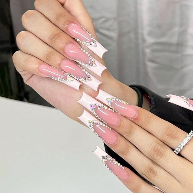 24Pcs Long Press on Nails Coffin French Tip Fake Nails with Rhinestone Bling Design Coffin Shaped Full Cover White Nails Tips Acrylic Nails Glossy Glue on Nails Artificial French False Nails for Women