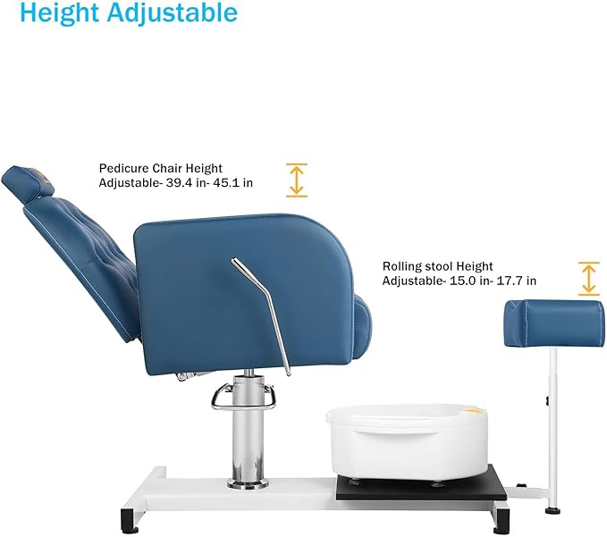 Pedicure Chair with Massage Foot Bath Pedicure Unit Station, Hydraulic Pedicure Chair 360 ° Rotation Height Adjustable Blue