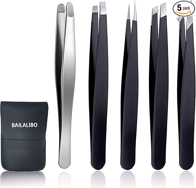 Tweezers for Women Facial Hair, 5Pcs Set, Round tip Eyebrow Tweezer for men, Professional Stainless Steel Pointed Splinter Ingrown Hair removal
