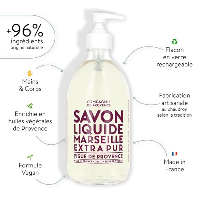Compagnie de Provence Savon de Marseille Extra Pure Liquid Soap - Fig of Provence - 16.7 Fl Oz Glass Pump Bottle