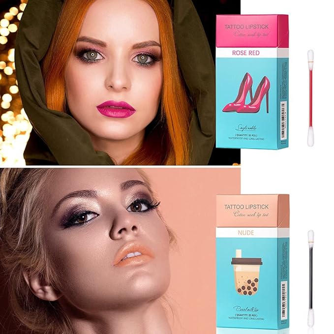 FLIPNEX 20Pcs Cotton Swab Tattoo Lipstick, Tattoo Lipstick Cotton Swab Lip Tint, Waterproof and Long Lasting Liquid Non-Stick Portable Lip Gloss (Red)