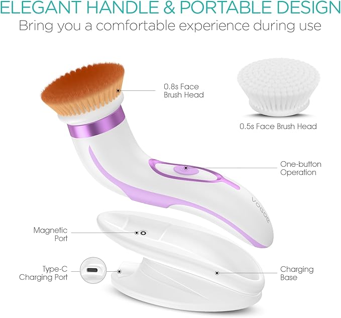 Facial Cleansing Brush-Spin Face Scrubber Exfoliator Rechargeable, 2-Speed Rotation, Electric Face Wash Brushes for Cleansing and Exfoliating, with 2 Brush Heads, Purple
