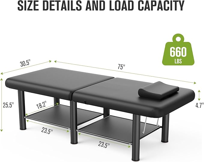 Folding Stationary Massage Table with Backrest and Storage Space, 6 Round Legs Metal Frame PU Leather, 30.5'' Wide × 75'' Long for Treatment Table Physical Therapy Table Spa Facial Bed, Black