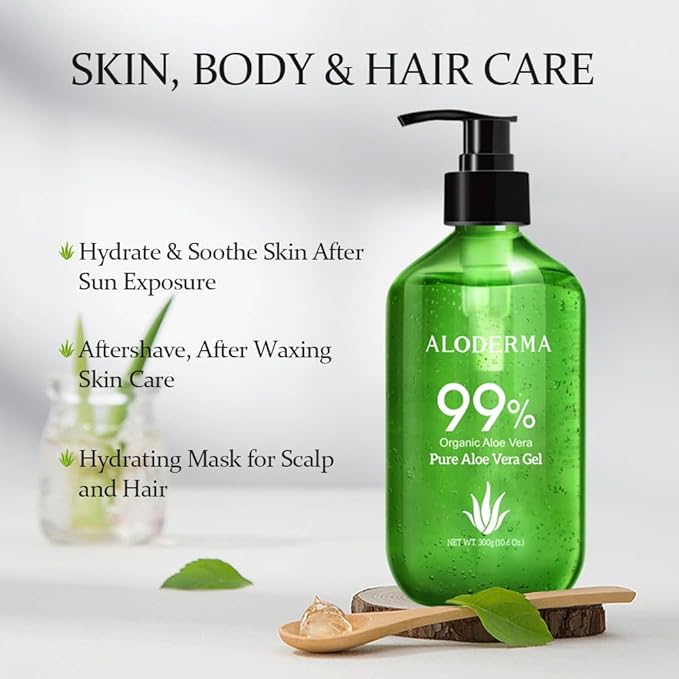 Aloderma 99% Organic Aloe Vera Gel Made within 12 Hours of Harvest - Lightweight, Non-Sticky Aloe Gel for Face Body, Hair, & Scalp, After Sun Relief, Natural, Soothing Hydrating Aloe Gel, 10.6oz